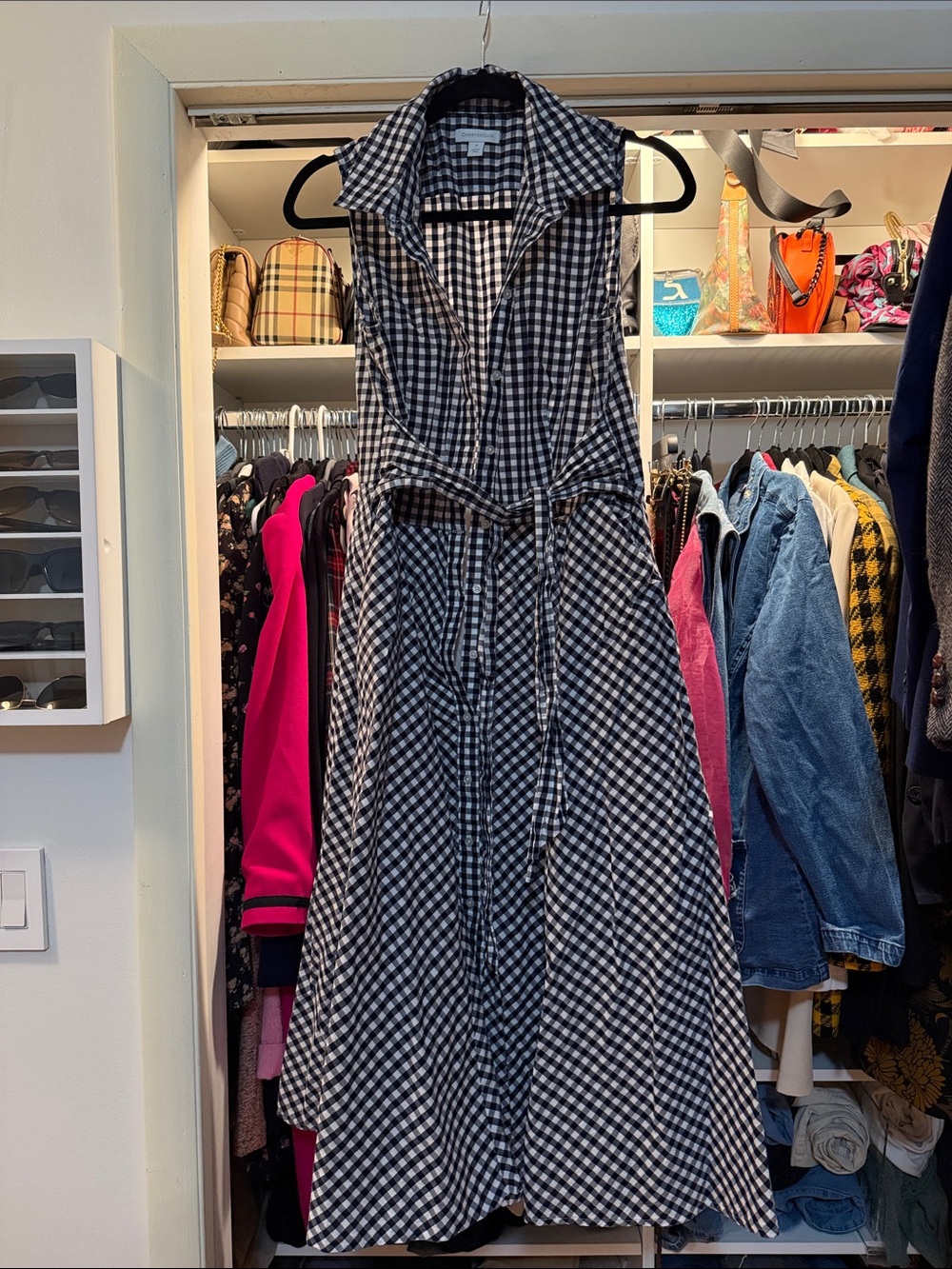 Charter Club Black & White Gingham Maxi Dress with Tie Waist